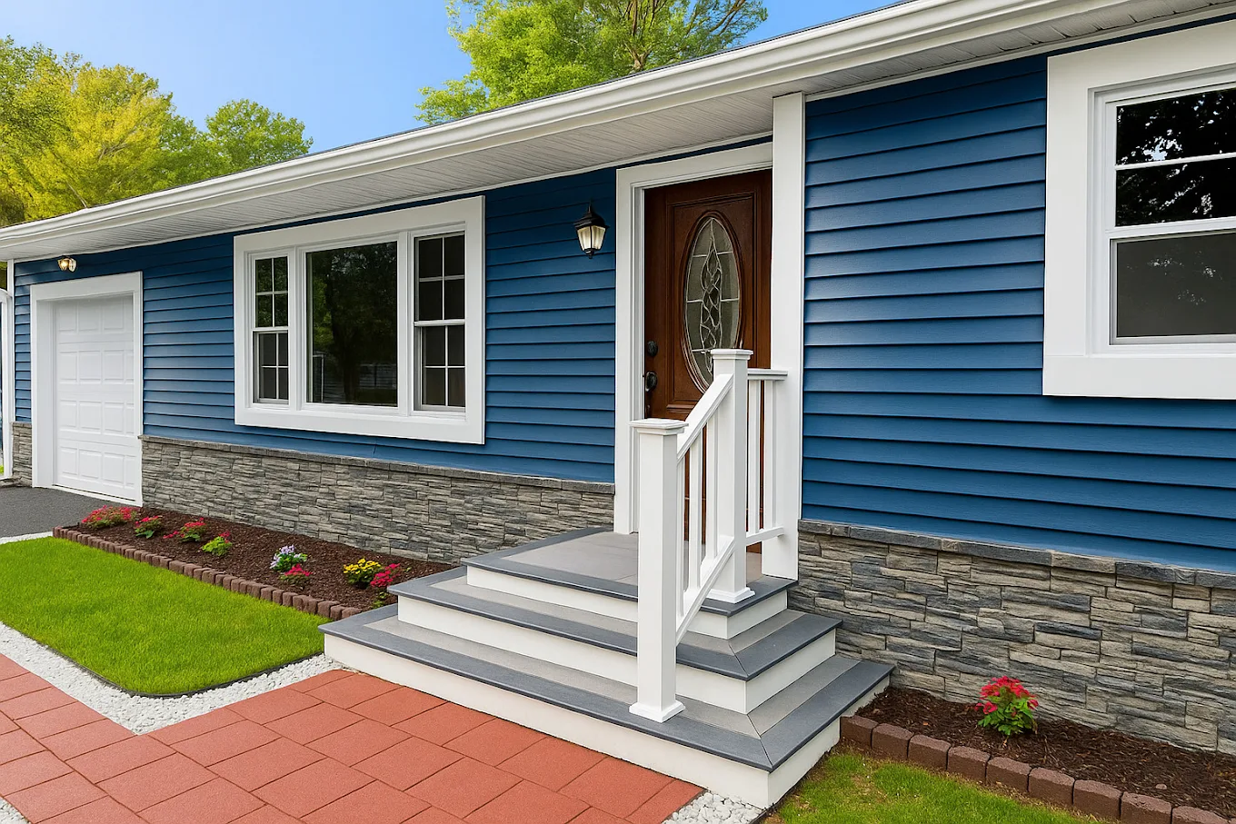 Blue vinyl siding, stone veneer skirt, white trim and a new composite front stoop with railing