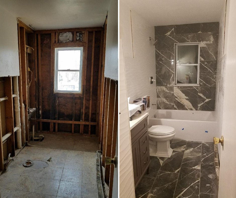 Before and after of a bathroom: open framing and old plumbing beside finished marble tile and vanity