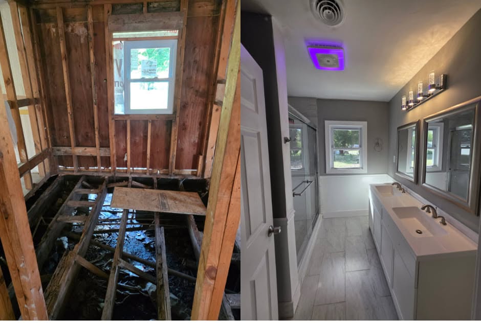 Bathroom gutted to the studs beside the finished remodel with vanity and marble-look tile